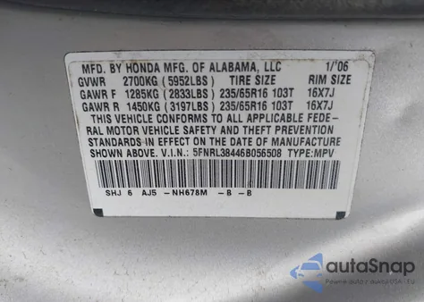 2006 Honda Odyssey Ex from USA, damaged, VIN 5FNRL38446B056508